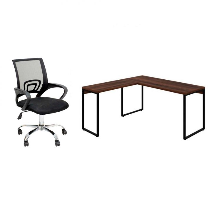 Conjunto de Mesa Kuadra Nogal 150 cm com Cadeira de Escritório Secretária Giratória Javix Preta