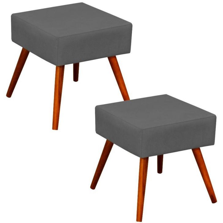 Kit 02 Puffs Banqueta Decorativa com Pés Palito Lívia W01 Suede Cinza - Lyam Decor