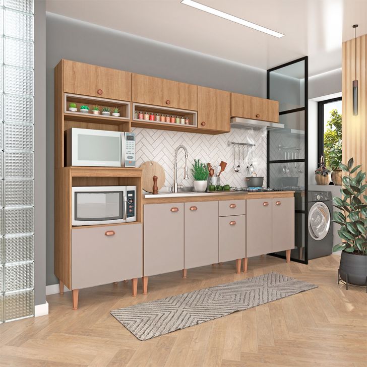 Cozinha Completa com Balcão para Pia Marti 10 Portas 1 Gaveta Mel e Fendi