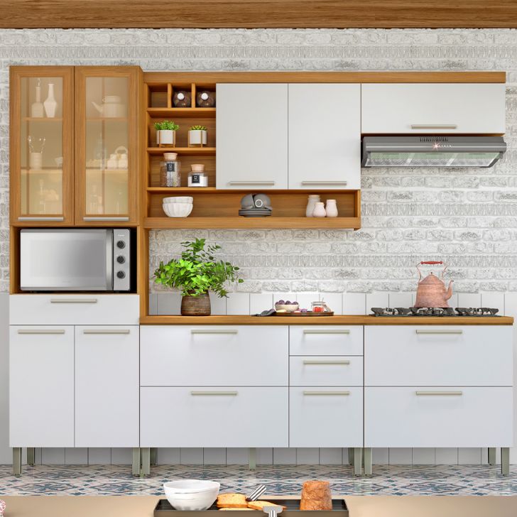 Cozinha Compacta Burgesa Premium com Vidro Reflecta 10 Portas 5 Gavetas Freijó e Branco