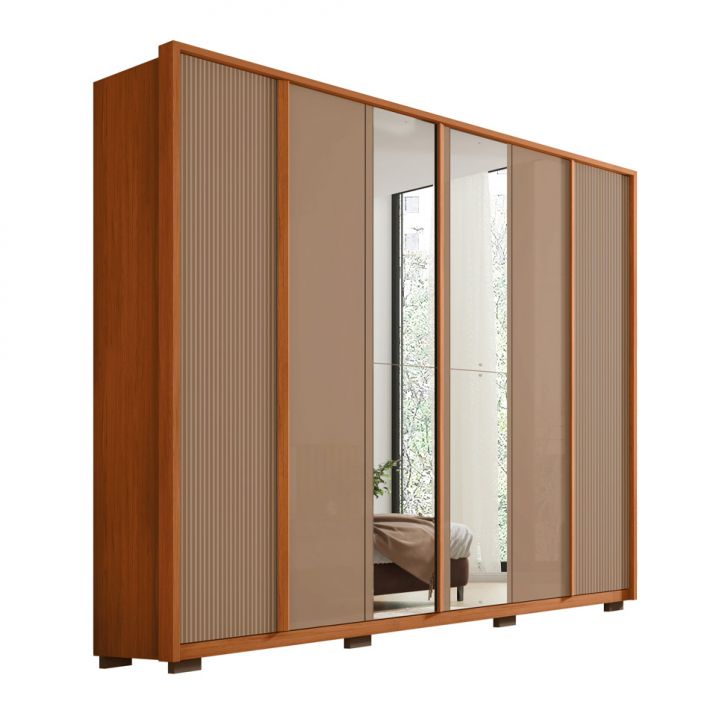 Image of Guarda-roupa Casal Com Espelho Cleo Ripado 6 Portas 4 Gavetas Freijó E Bege PLA-MO895CL14OENMOB