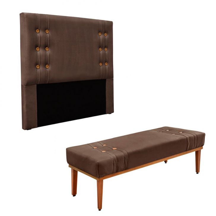 Conjunto de Cabeceira King com Recamier Gênova Veludo Marrom