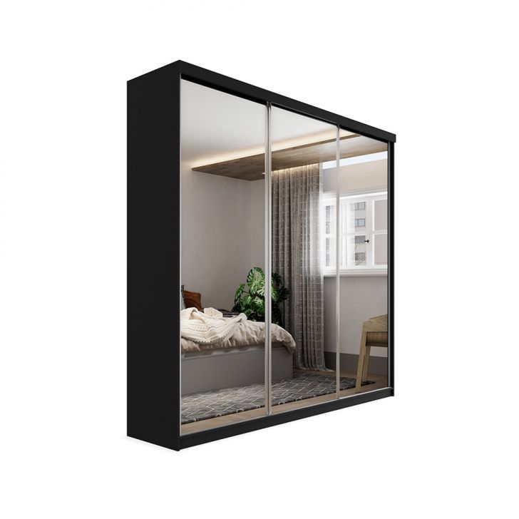 Image of Guarda-roupa Casal Com 3 Espelhos Geneve 100% Mdf 3 Portas 4 Gavetas Preto PLA-MO895CL14IWFMOB