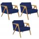 Kit 03 Poltronas Decorativas Sala Pietra Estrutura De Madeira L02 Suede Azul Marinho - Lyam Decor