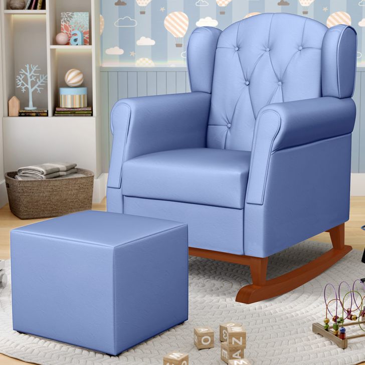 Poltrona de Amamentação Base de Madeira Balanço e Puff Lucy P04 Sintético Azul - Mpozenato