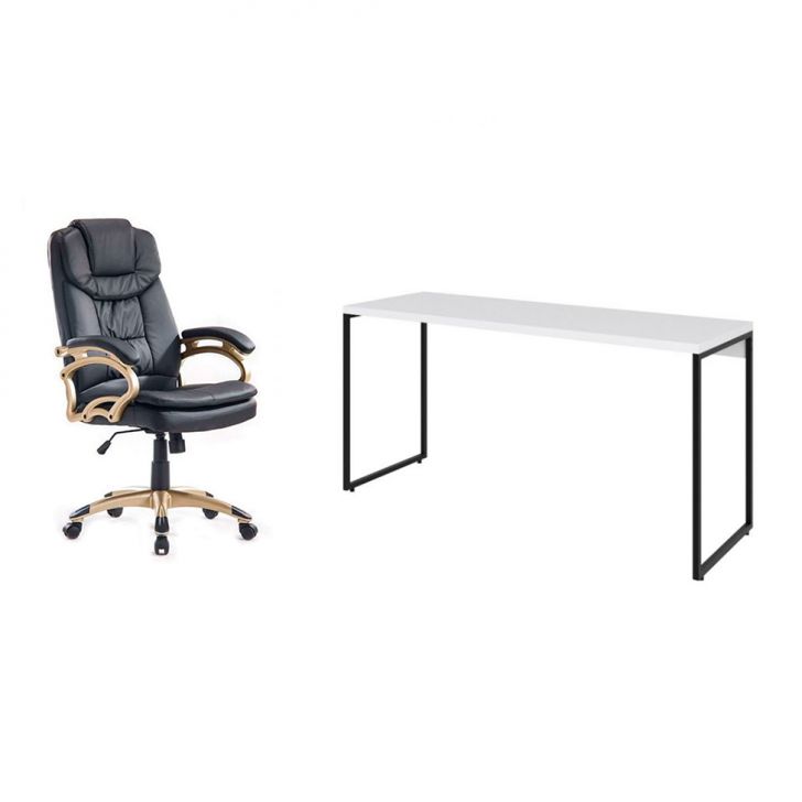 Conjunto de Mesa Studio Branca 150 cm com Cadeira de Escritório Presidente Giratória com Relax Clark Preta e Dourada