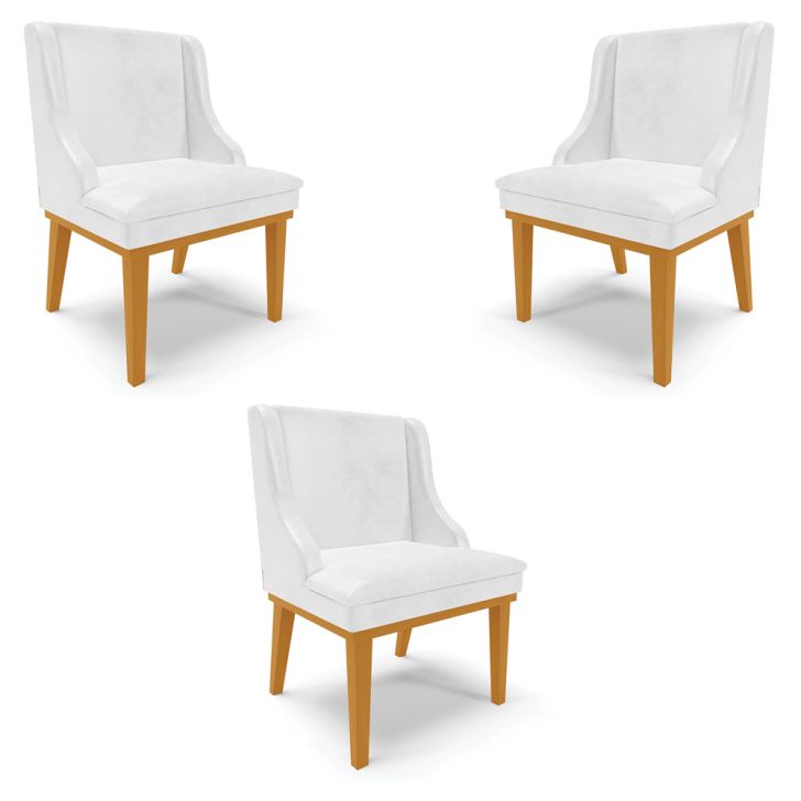 Kit 3 Cadeiras Decorativas Sala de Jantar Base Fixa de Madeira Firenze PU Branco Brilho/Castanho G19 - Gran Belo