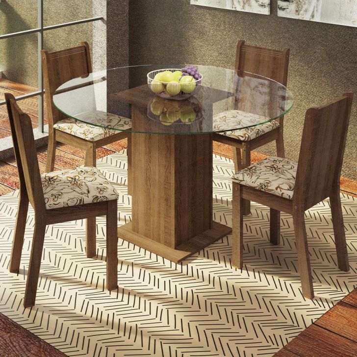 Conjunto Sala de Jantar Madesa Paula Mesa Tampo de Vidro Redondo 4 Cadeiras - Rustic/Lírio Bege