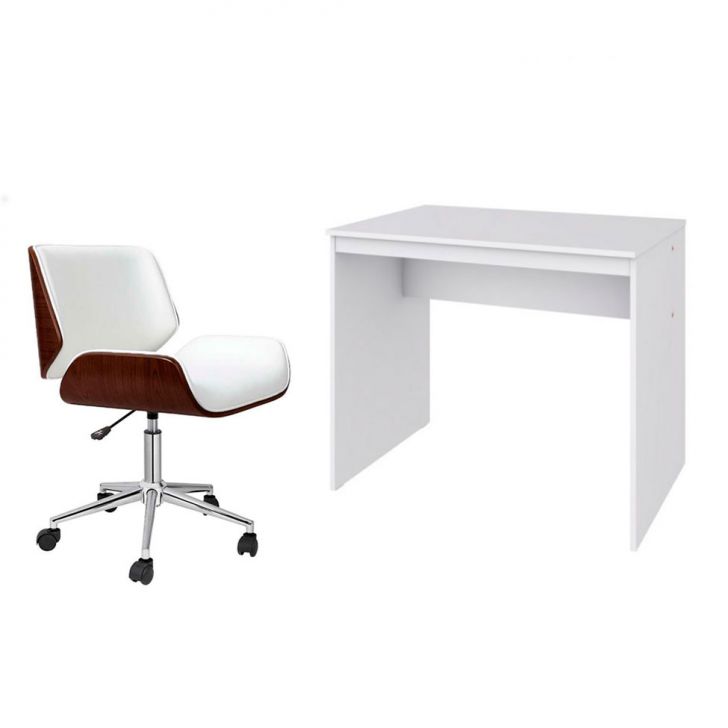 Conjunto de Mesa Office com Cadeira de Escritório Diretor Giratória Lauren Branca