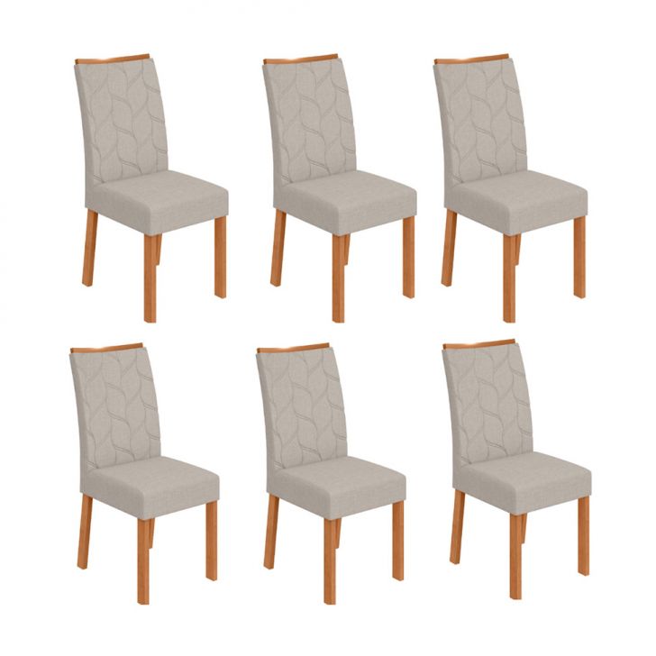 Conjunto com 6 Cadeiras Rayla Linho Cinza e Amêndoa