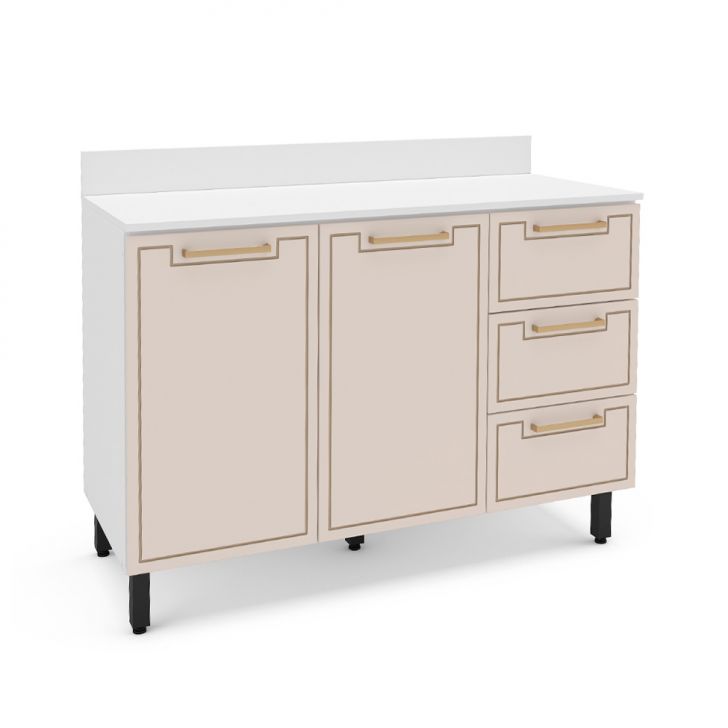 Balcão de Cozinha Amara com Tampo 2 Portas 3 Creme e Branco