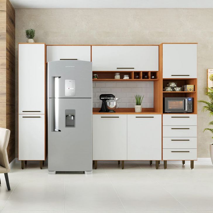 Cozinha Compacta com Paneleiro Evolution 7 Portas 4 Gavetas Off White e Freijó