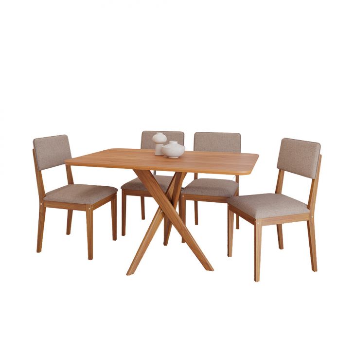 Conjunto De Mesa Retangular Com Tampo Mdf Cacau E 4 Cadeiras Sabiá Linho Marrom E Cinamomo