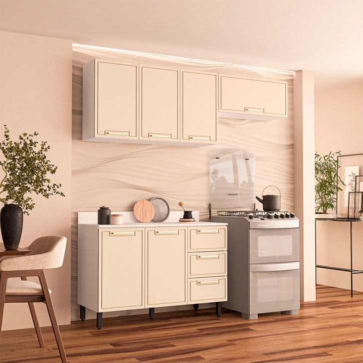 Cozinha Completa com Tampo Amara 6 Portas 3 Gavetas Creme e Branca