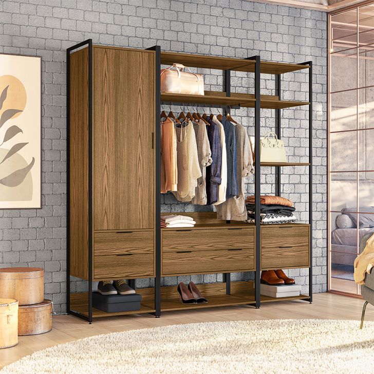 Guarda-roupa Closet Industrial Mital 1 Porta 6 Gavetas Conhaque E Preto