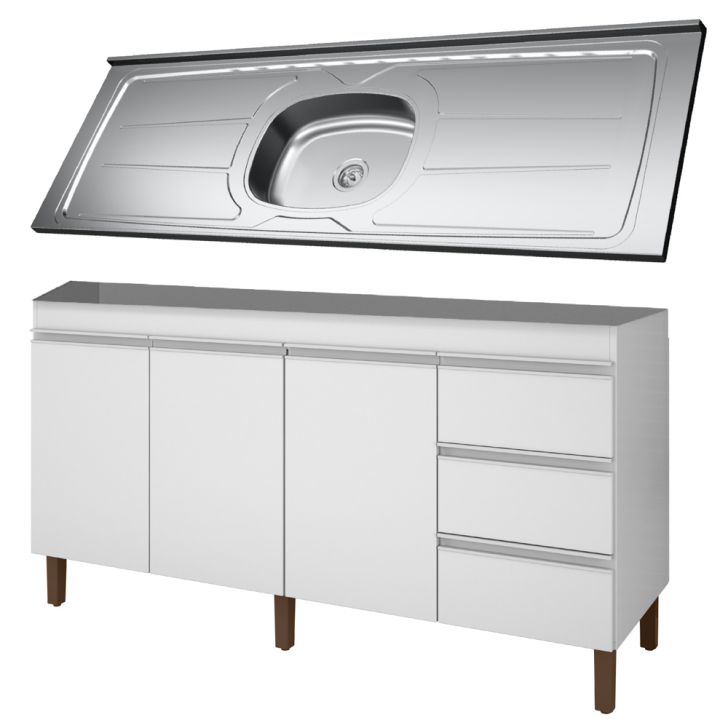Balcão Gabinete Com Pia 160cm 3 Portas Karen P14 Branco - Mpozenato