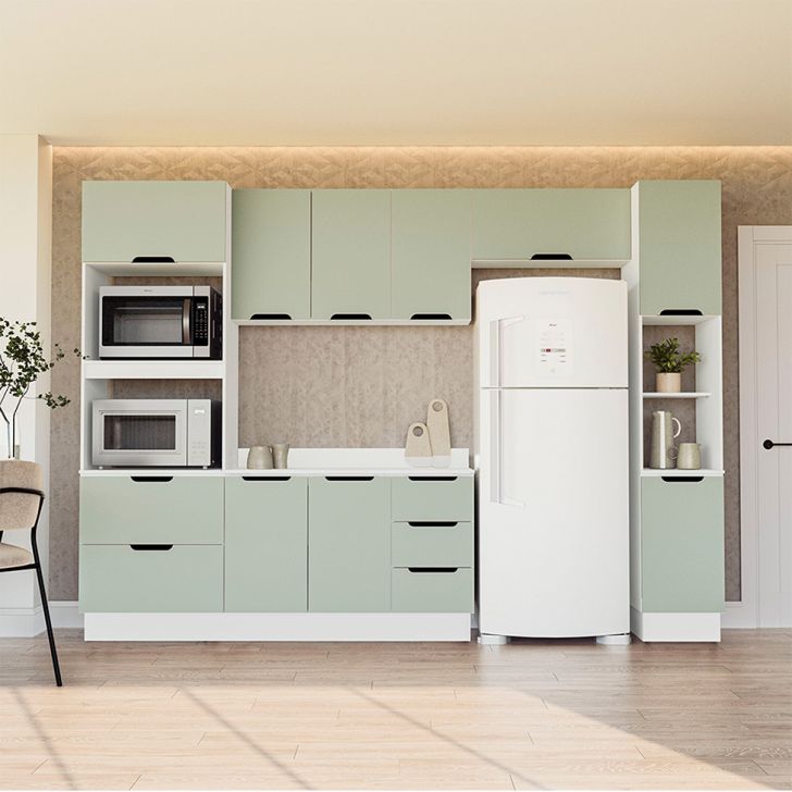 Cozinha Completa Com Tampo, Paneleiro E Rodapé Meena 10 Portas 4 Gavetas Verde E Branca