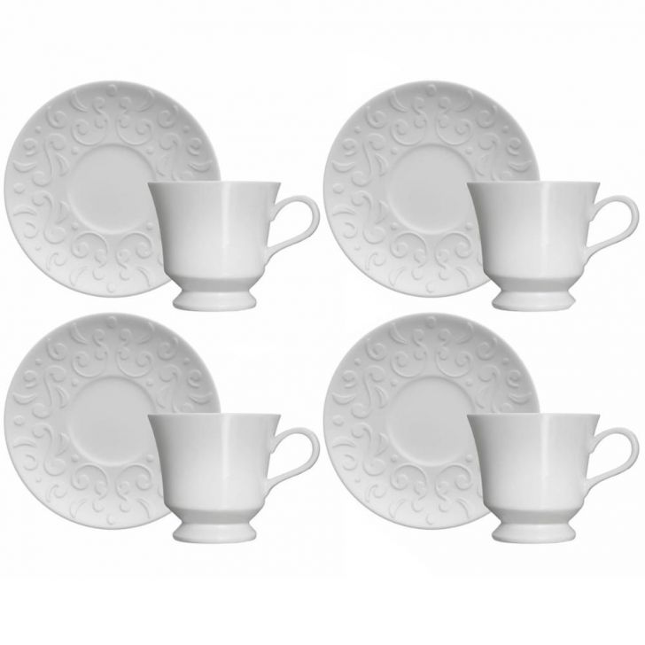 Conjunto 4 Xícaras de Café com Pires 190ml Porcelana em Relevo Tassel Germer Branco