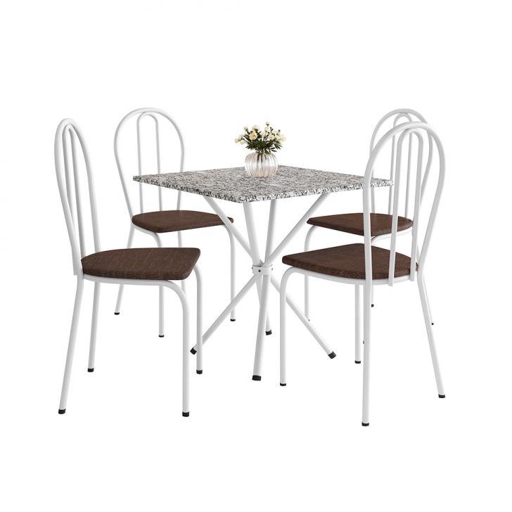 Conjunto de Mesa Quadrada com Tampo Granito e 4 Cadeiras Léia Revestimento Sintético Branco e Imbuia