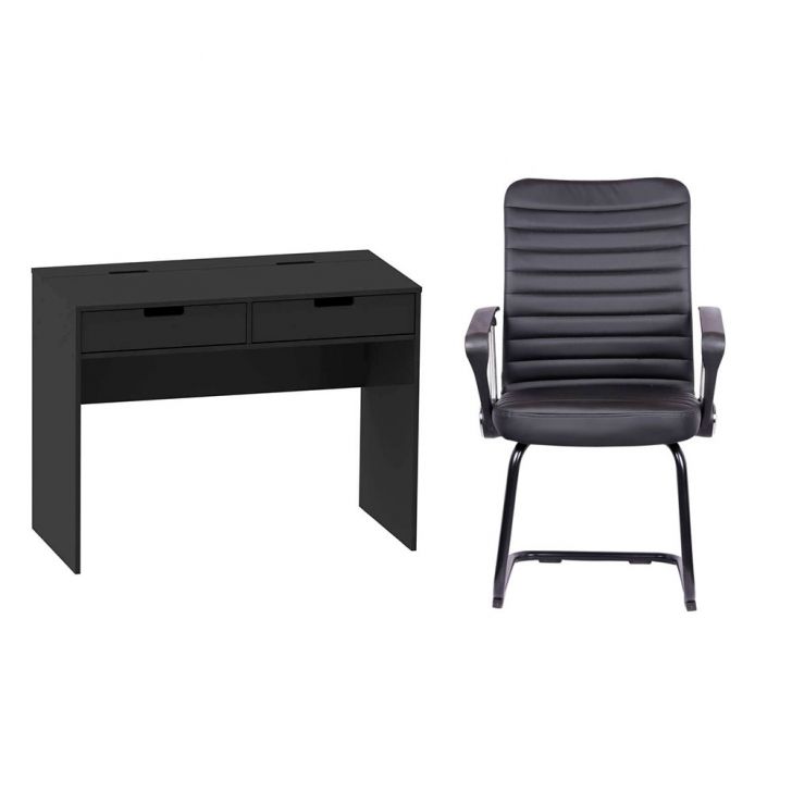 Conjunto de Mesa New com Cadeira de Escritório Interlocutor Fixa Oslo Preta