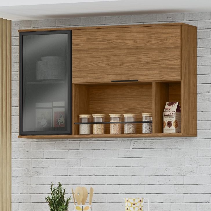 Módulo de Cozinha Armário Aéreo Com Vidro 2 Portas 120cm - Toscana Freijó