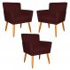 Kit 3 Poltronas Decorativa para Sala de Estar Cecília Suede Bordô - Montanaris Decor