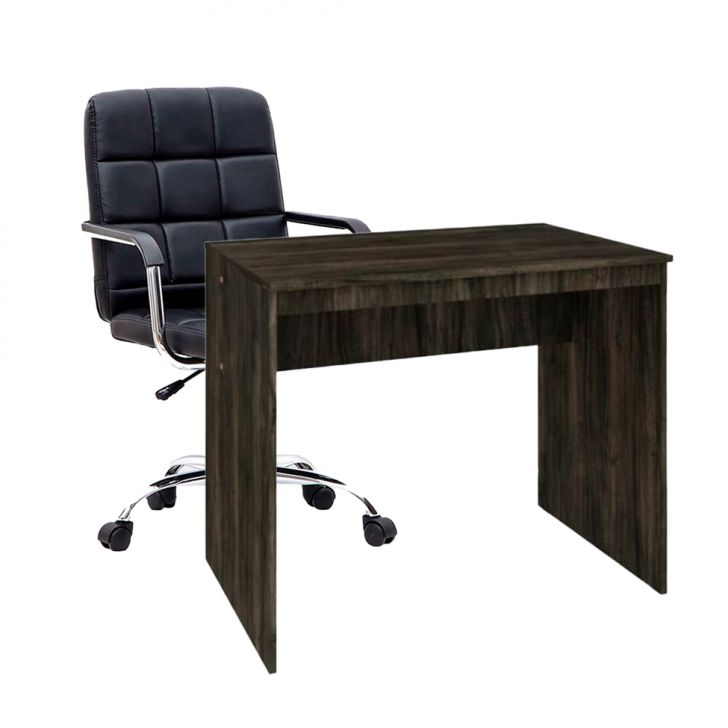 Conjunto de Mesa Office Carvalho Dark com Cadeira de Escritório Secretária Giratória Fitz Preta