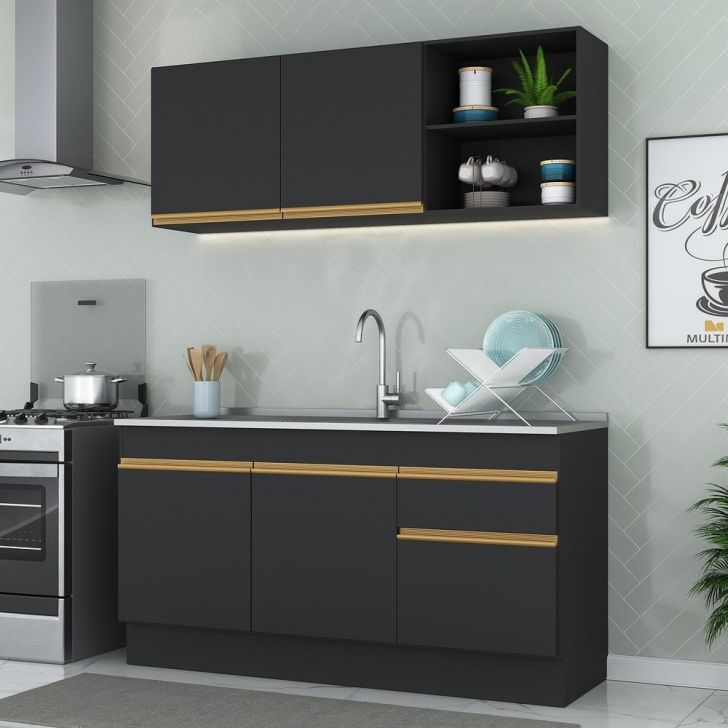 Cozinha Compacta com Rodapé Veneza Multimóveis MP2114 com Armário e Balcão Preta