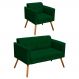 Kit 01 Namoradeira e 01 Poltrona Elisa Suede Verde Pés Palito Castanho D'Rossi