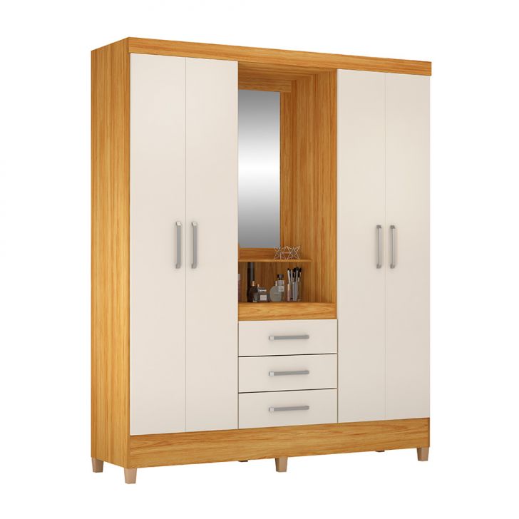 Guarda-roupa Casal Com Espelho Capelinha Pérsia 4 Portas 3 Gavetas Cinamon E Off White
