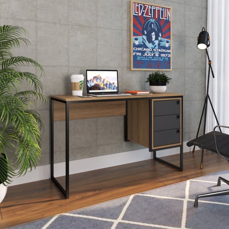 Escrivaninha Mesa Para Computador Industrial 3 Gavetas Grafite / Mel