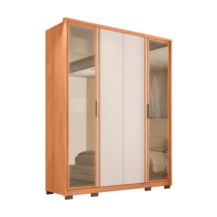 Image of Guarda-roupa Solteiro Com Espelho Reflecta New Cristal 4 Portas 3 Gavetas Freijó E Off White PLA-MO895CL04IYTMOB