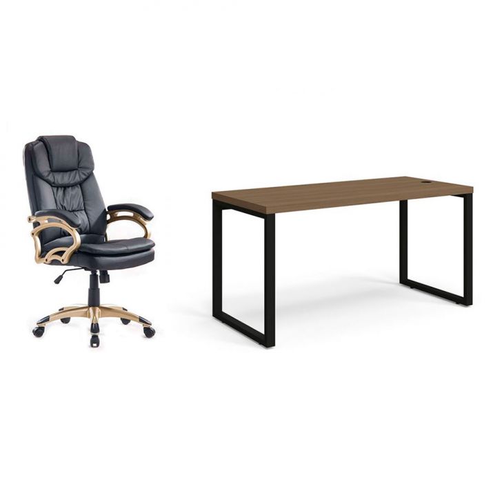 Conjunto de Mesa Munique Carvalho 150 cm com Cadeira de Escritório Presidente Giratória com Relax Clark Preta e Dourada