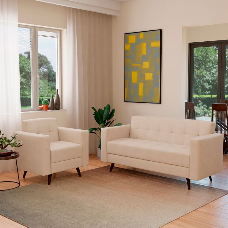 Conjunto De Sofá 3 Lugares Com 1 Poltrona Vitrola Suede Bege