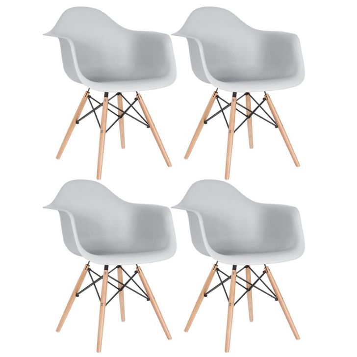 Kit 4 cadeiras Charles Eames Eiffel DAW com braços e pés de madeira clara Cinza-claro