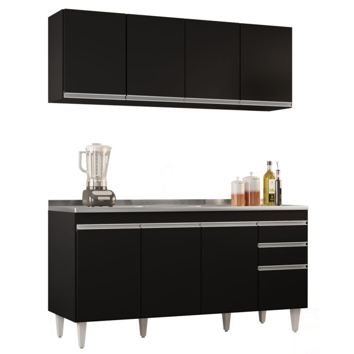 Armário Aéreo Nevada e Balcão Gabinete com Pia 160cm Arkansas Preto - Lumil