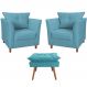 Combo 02 Poltronas Decorativa Isis Pés de Madeira Mais Puff Opalla Suede Azul Turquesa - DS Estofados