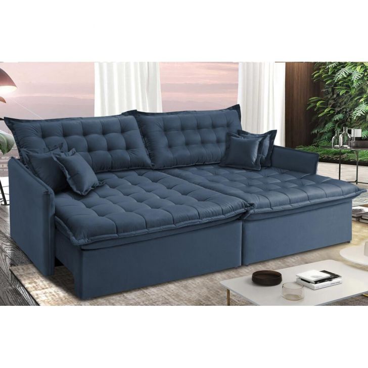 Sofá Sem Caixa Retrátil e Reclinável 1,55m Cama inBox Versátil Suede Velusoft Azul