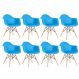 Kit 8 cadeiras Charles Eames Eiffel DAW com braços e pés de madeira clara Azul céu