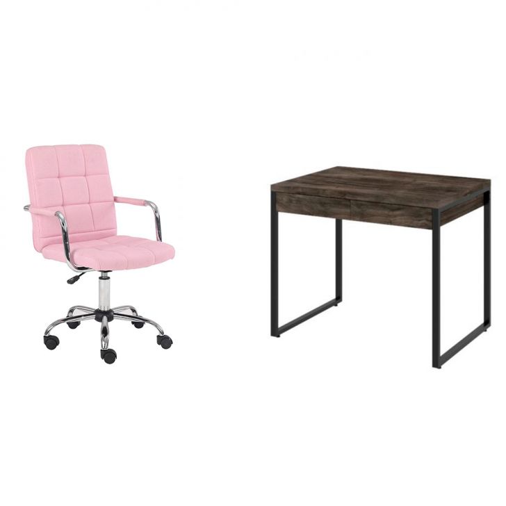 Conjunto de Mesa Kuadra 2 GV Marrom Escuro com Cadeira de Escritório Secretária Giratória Fitz Rosa