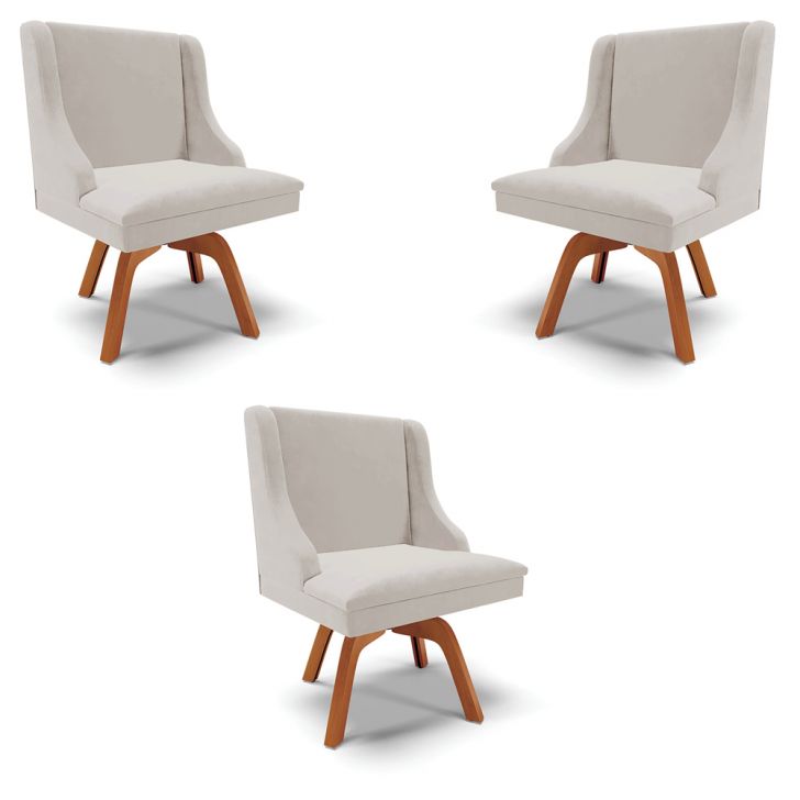Kit 3 Cadeiras Decorativas Sala de Jantar Base Giratória de Madeira Firenze Veludo Cinza/Natural G19 - Gran Belo