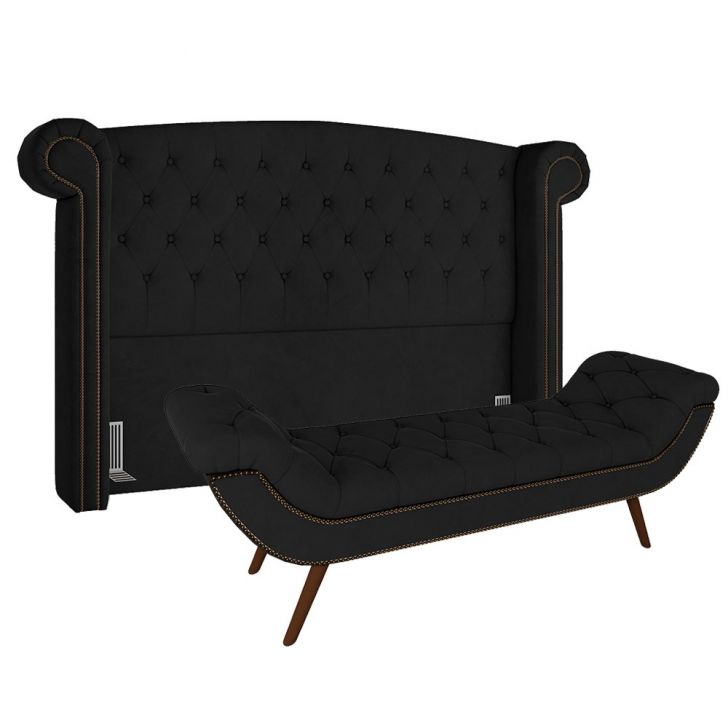 Cabeceira Cama Box Casal King 195cm Provença com Calçadeira Vêneto Z37 Veludo Preto - Mpozenato