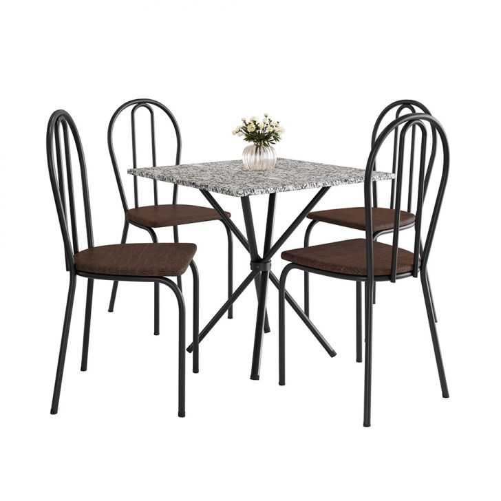 Conjunto de Mesa Quadrada com Tampo Granito e 4 Cadeiras Léia Revestimento Sintético Preto e Imbuia