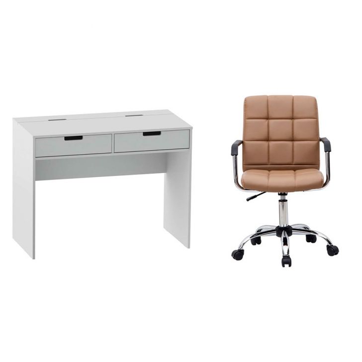 Conjunto de Mesa New Branca com Cadeira de Escritório Secretária Giratória Fitz Marrom
