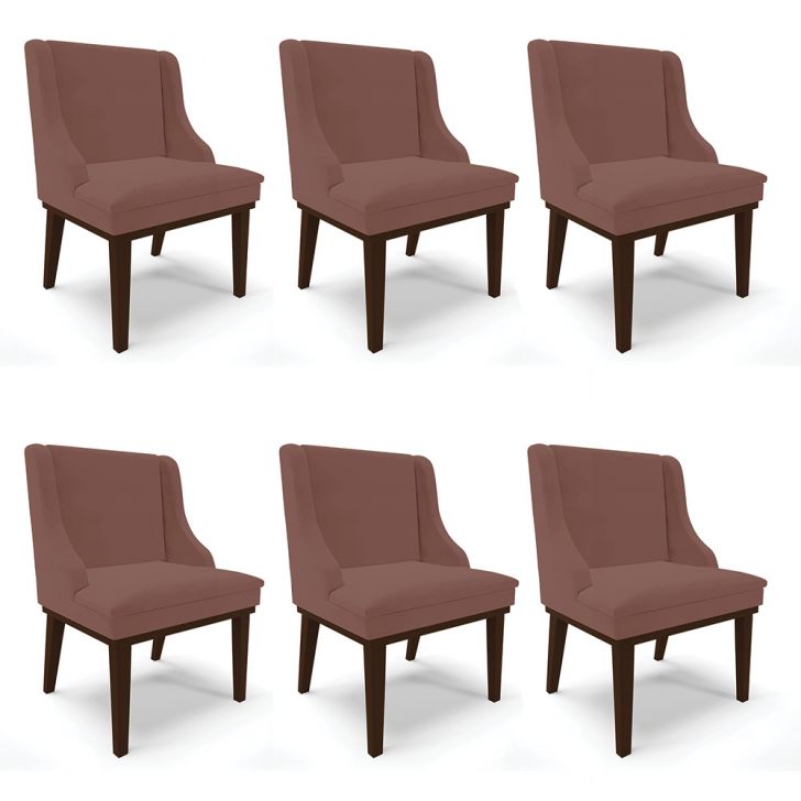 Kit 06 Cadeiras de Jantar Liz Veludo Rosê Base Fixa Madeira Tabaco - D'Rossi