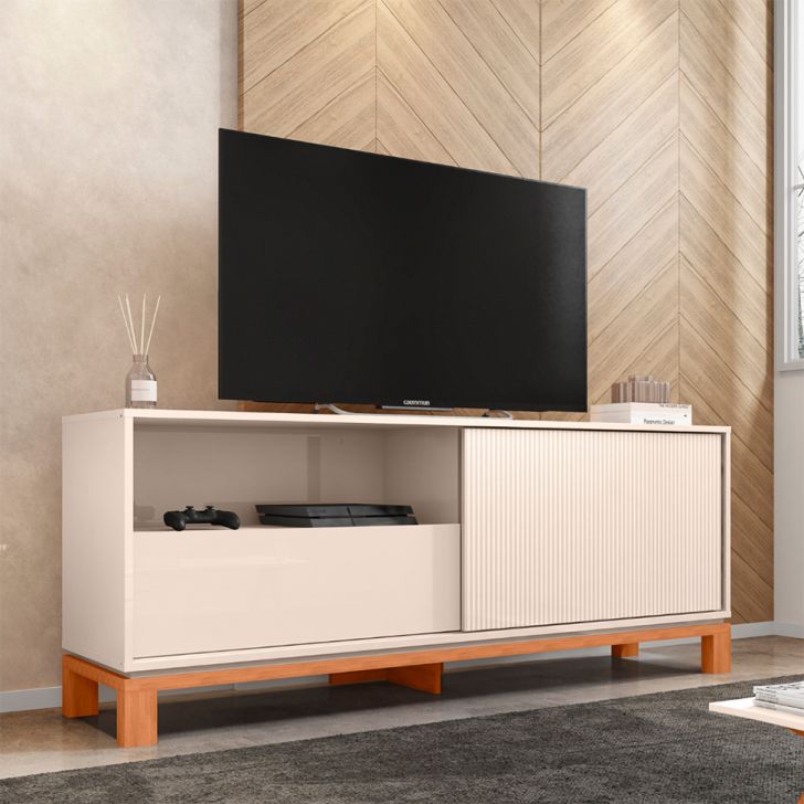 Rack Ripado para TV até 55 Polegadas Mondrian 1 Porta 1 Gaveta Off White e Freijó