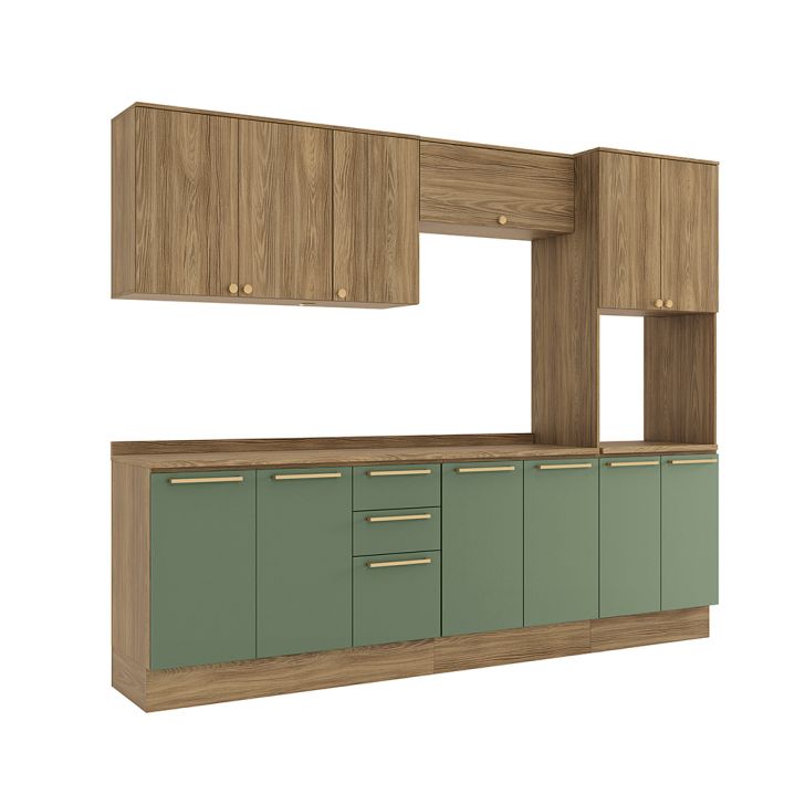 Cozinha Completa Botanic 12 Portas 3 Gavetas Verde e Nogueira 270 cm