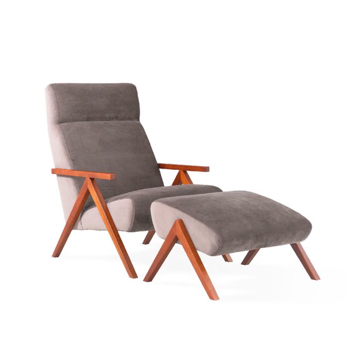 Image of Poltrona Com Puff Évora Veludo Cinza PLA-MO895UP93PXQMOB