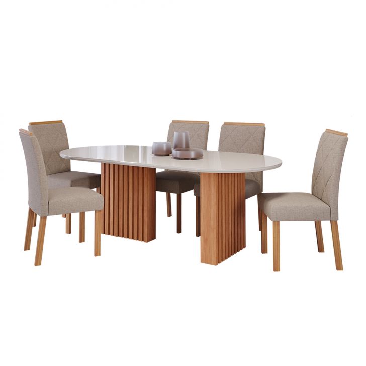 Image of Conjunto De Mesa De Jantar Oval Com Tampo De Vidro Off White Ester E 6 Cadeiras Fernanda Linho Bege E Cinamomo PLA-MO895TA93DOSMOB