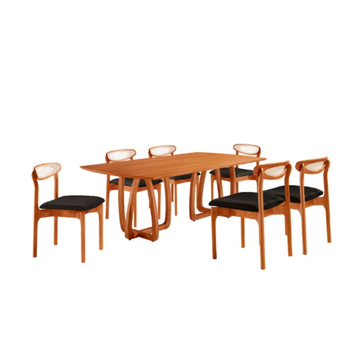 Conjunto De Mesa Retangular Com Tampo Laminado Bellagio E 6 Cadeiras Itália Premium Linho Preto E Cinamomo